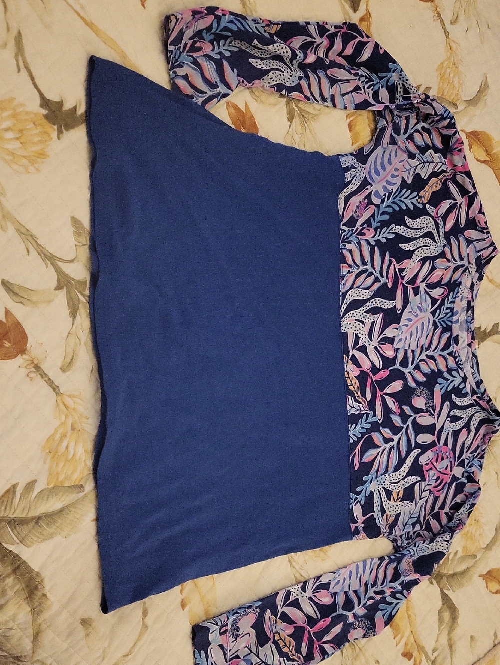 Blue Top with Pink & Lavender Leaf Print Sleeves